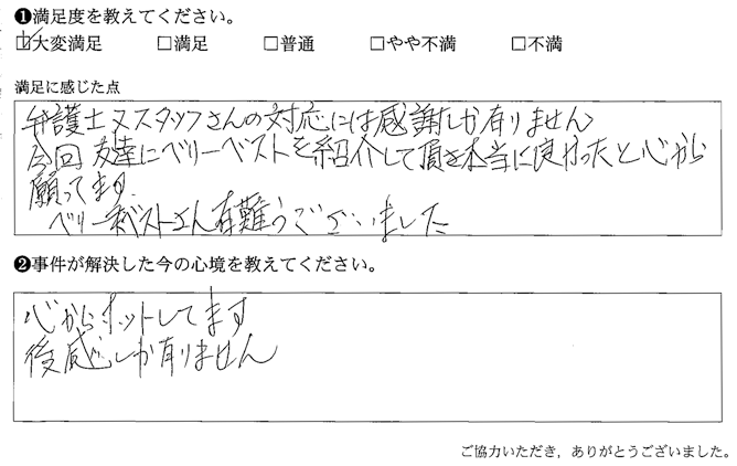 弁護士又スタッフさんの対応には感謝しか有りません