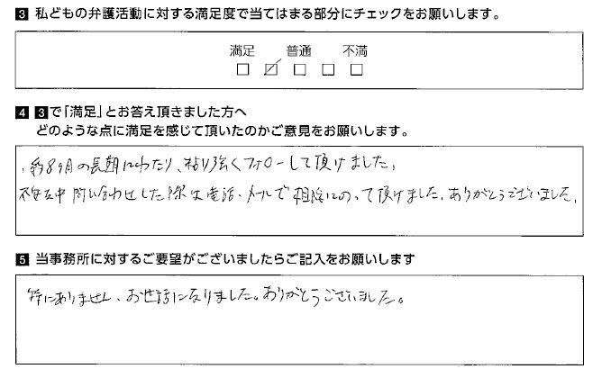 約8ヶ月の長期にわたり、粘り強くフォローして頂けました